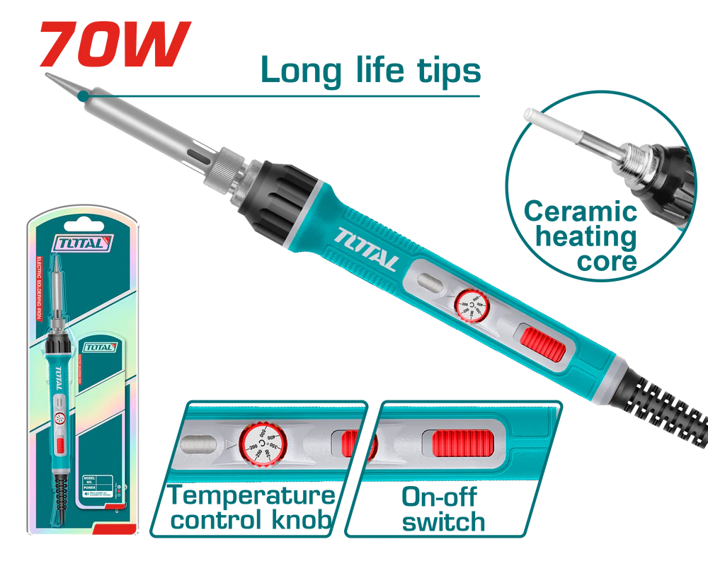 توتال تولز كاوية لحام قصدير كهرباء 70 وات ببكره للتحكم فى الحرارة TET01606