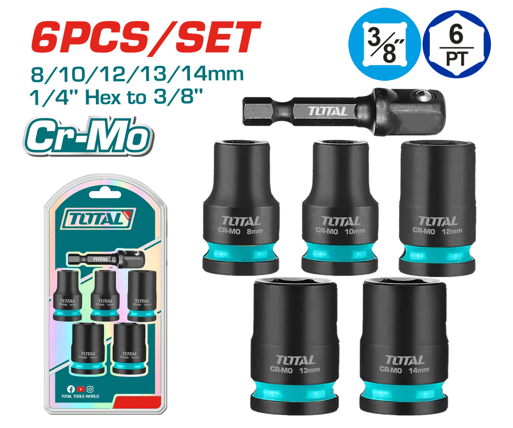 توتال تولز طقم لقم تصادمية 3/8 بوصة مع ادابتور 6 قطع موديل THKISD38062