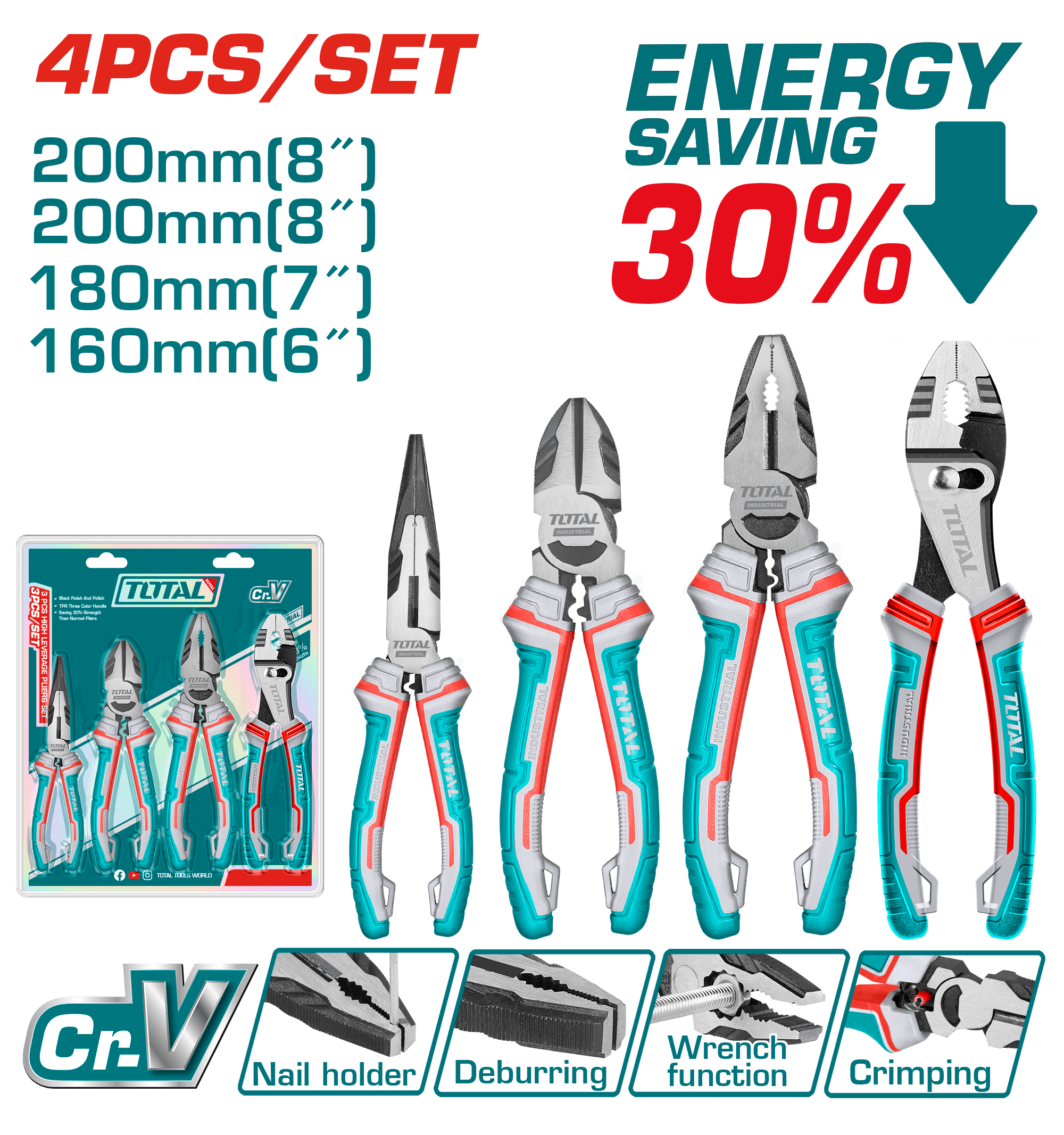 TOTAL 4 Pcs Pliers Set THT2K0488 طقم بنس 4 قطع