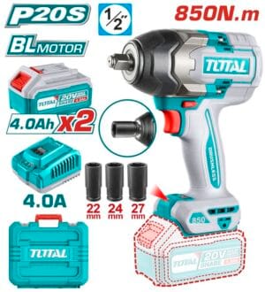 tiwli2085 دريل امباكت نص بوصه ٨٥٠ نيوتن مع ٢ بطاريه ٤ امبير impact wrench
