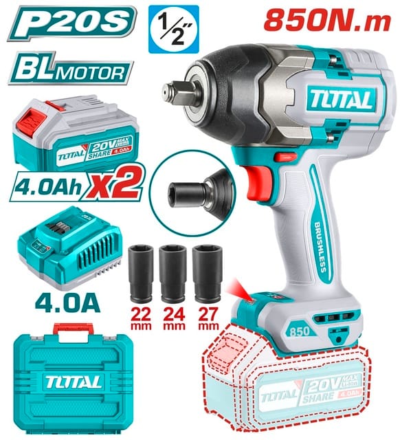 tiwli2085 دريل امباكت نص بوصه ٨٥٠ نيوتن مع ٢ بطاريه ٤ امبير impact wrench